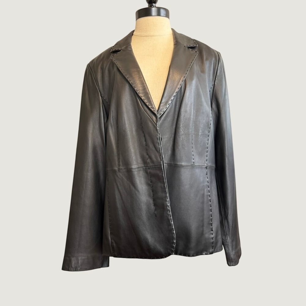 Madison Studio Womens XL Black Leather Blazer Jacket 3-Button Pick Stitch Detail